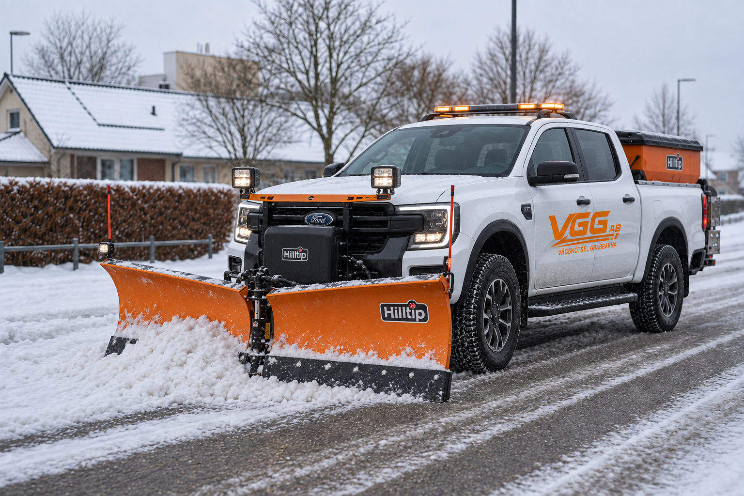 Vit Ford Ranger med orange Hilltip-vikplog, plogstrålkastare, varningsljus och saltspridare på en snötäckt gata