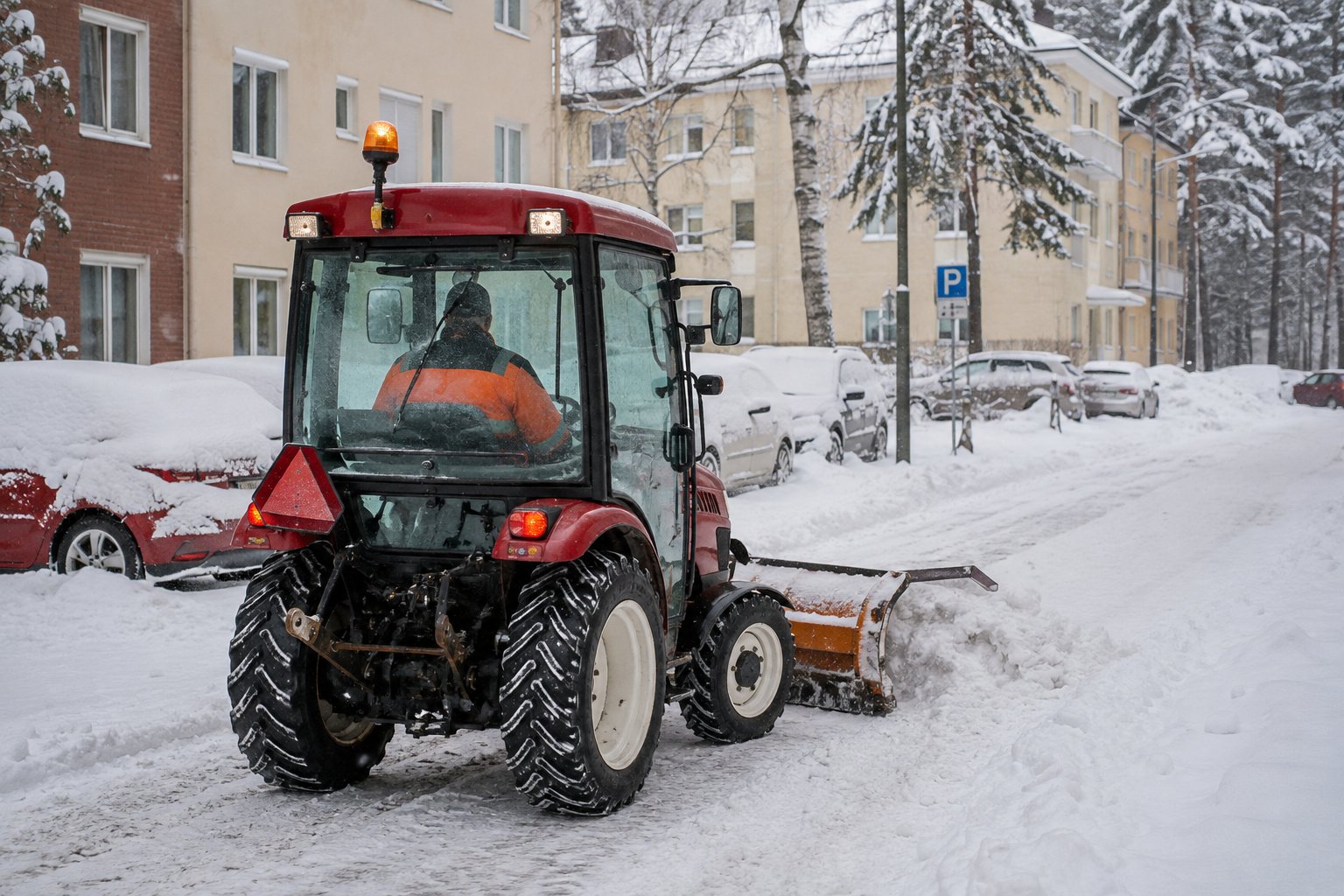 Förare sedd bakifrån plogar snö på en svensk bostadsgata